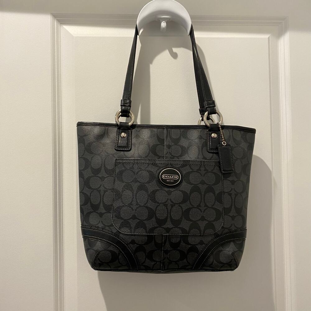 Coach Peyton Black Signature Logo Print Tote Heritage F18917 Handbag